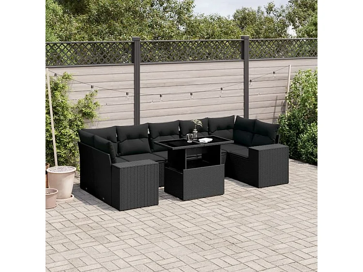 Salon de jardin 8 pcs avec coussins noir résine tressée