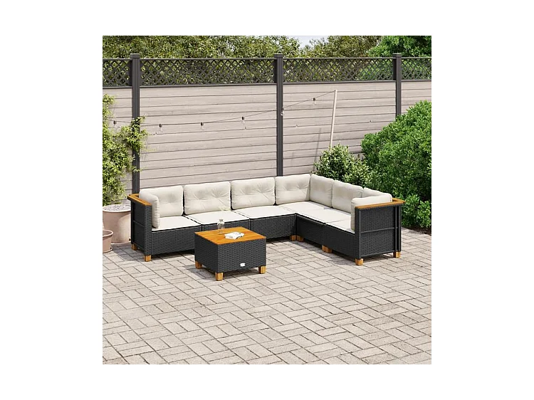 Salon de jardin 7 pcs avec coussins noir résine tressée