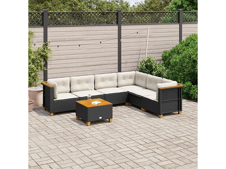 Salon de jardin 7 pcs avec coussins noir résine tressée