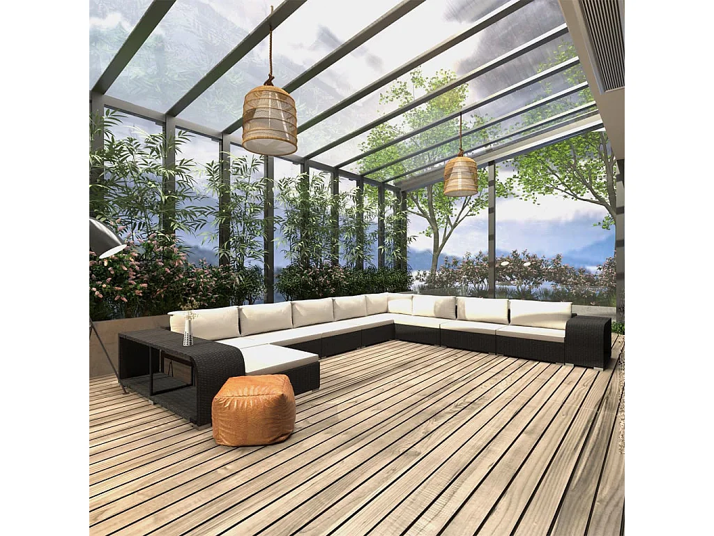 Salon de jardin 11 pcs avec coussins Résine tressée Noir 19