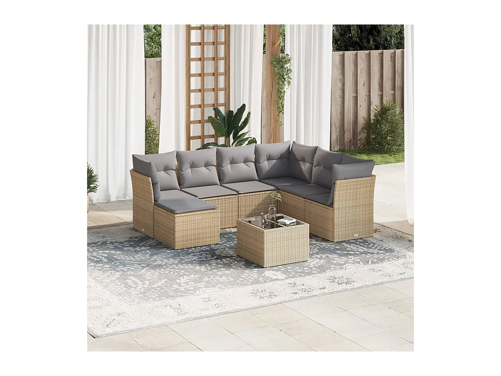 Salon de jardin avec coussins 8 pcs beige résine tressée