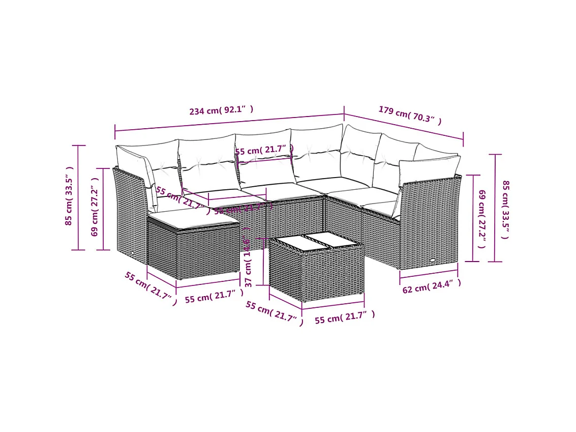 Salon de jardin avec coussins 8 pcs beige résine tressée