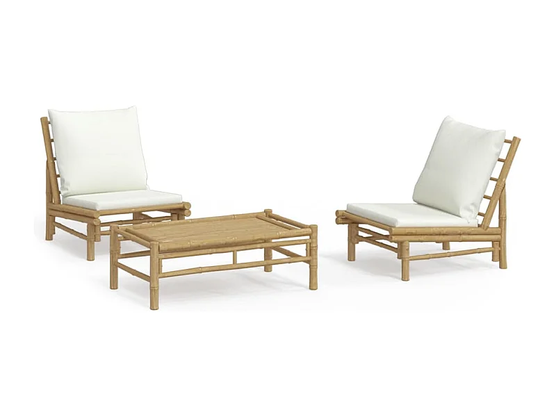 Salon de jardin 3 pcs avec coussins blanc crème bambou