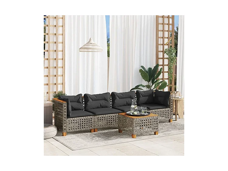 Salon de jardin 5 pcs avec coussins gris résine tressée