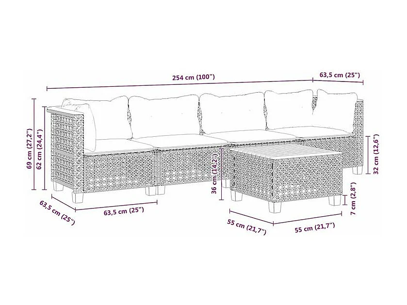 Salon de jardin 5 pcs avec coussins gris résine tressée
