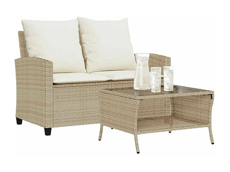 Canapé de jardin 2places coussins et table beige résine tressée