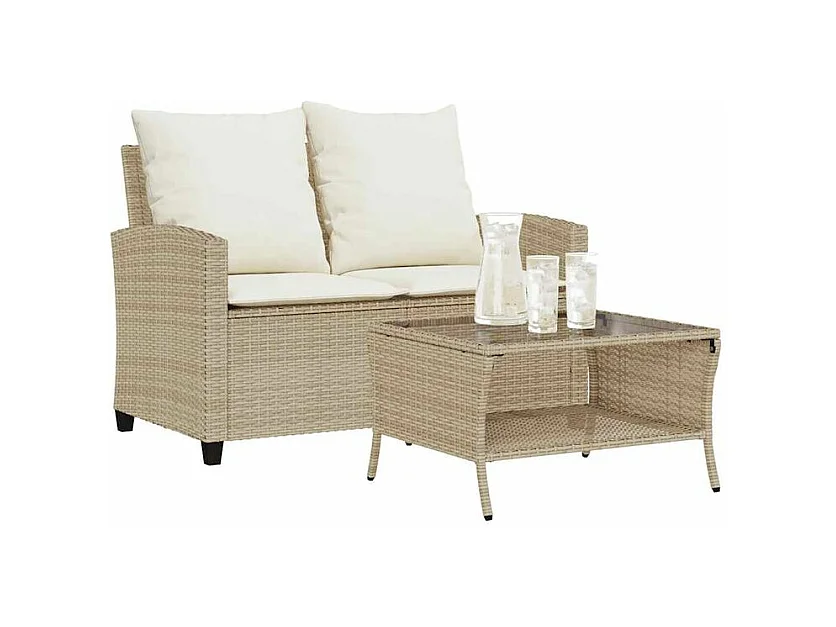 Canapé de jardin 2places coussins et table beige résine tressée