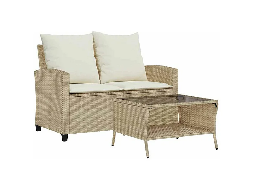 Canapé de jardin 2places coussins et table beige résine tressée