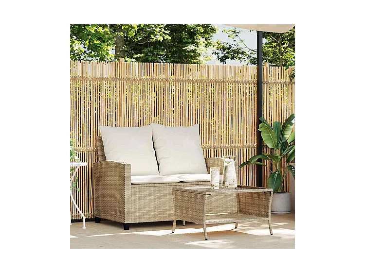 Canapé de jardin 2places coussins et table beige résine tressée