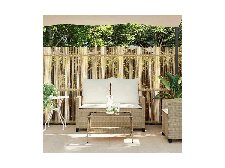 Canapé de jardin 2places coussins et table beige résine tressée