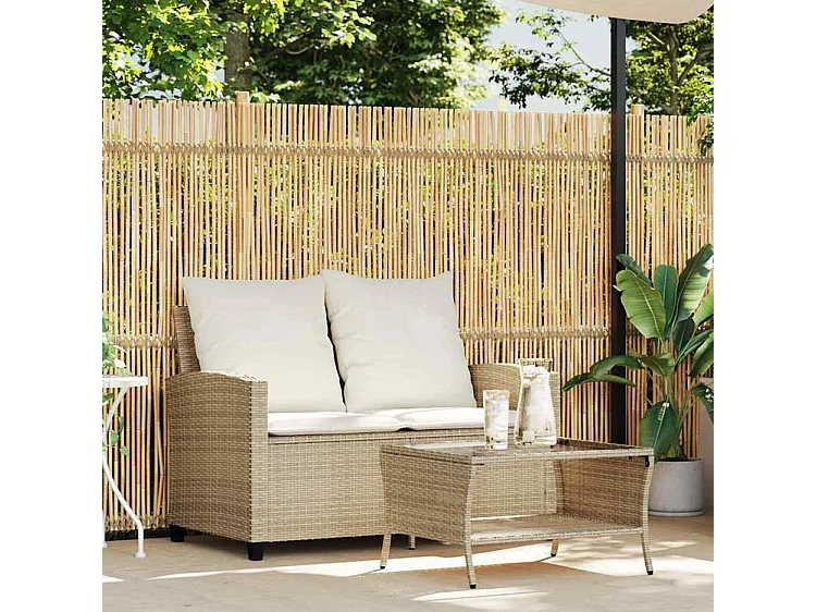 Canapé de jardin 2places coussins et table beige résine tressée