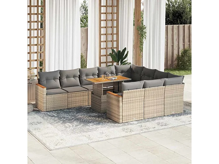 Salon de jardin 11pcs avec coussins beige résine tressée acacia