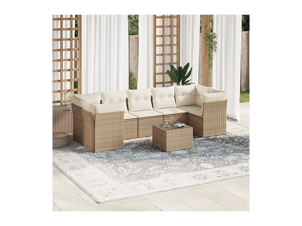Salon de jardin avec coussins 8 pcs beige résine tressée