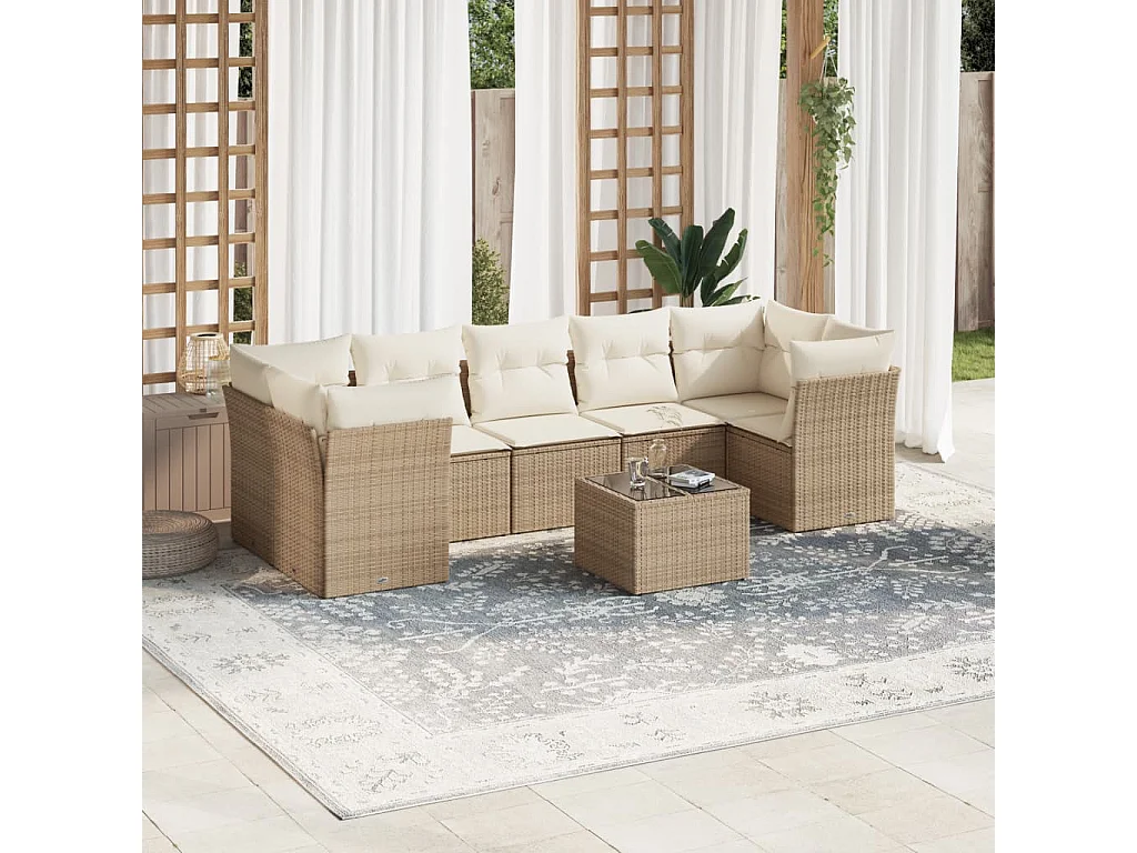 Salon de jardin avec coussins 8 pcs beige résine tressée