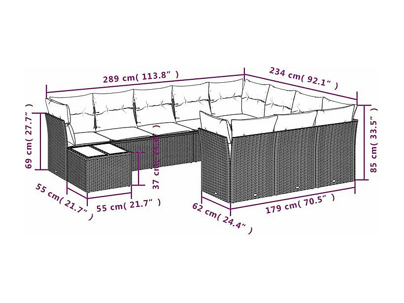 Salon de jardin et coussins 11 pcs marron résine tressée