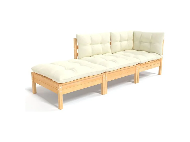 Salon de jardin 3 pcs avec coussins crème Bois de pin massif