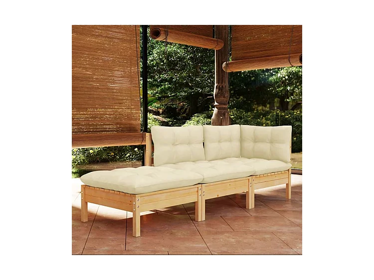 Salon de jardin 3 pcs avec coussins crème Bois de pin massif