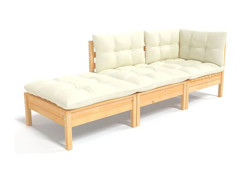 Salon de jardin 3 pcs avec coussins crème Bois de pin massif