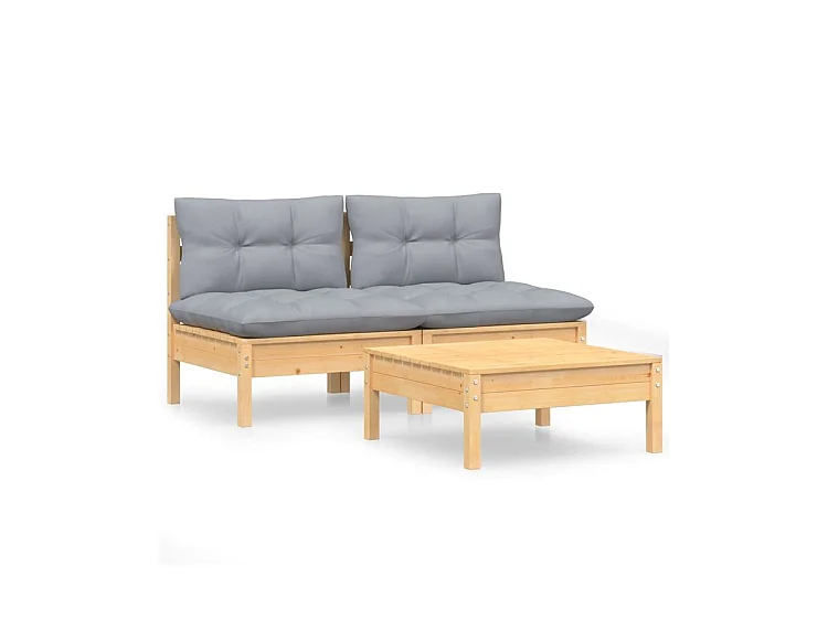 Salon de jardin 3 pcs avec coussins gris bois de pin