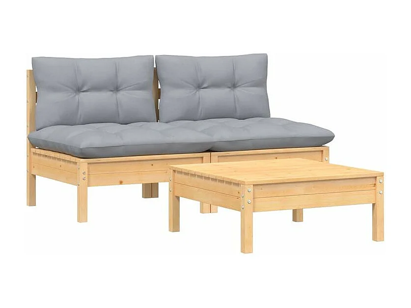 Salon de jardin 3 pcs avec coussins gris bois de pin