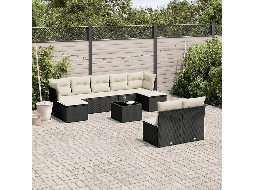 Salon de jardin 10 pcs avec coussins noir résine tressée