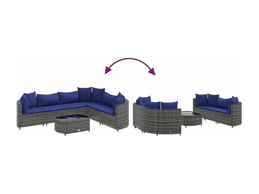Salon de jardin avec coussins 7 pcs gris résine tressée