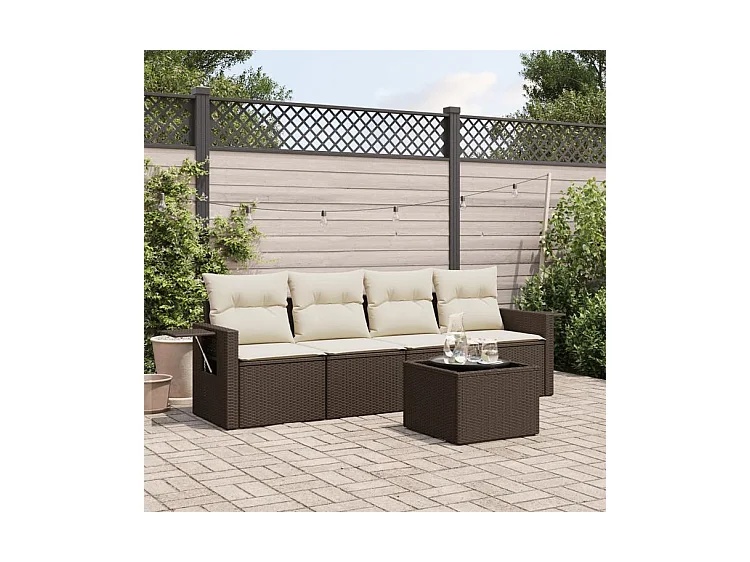 Salon de jardin avec coussins 5 pcs marron résine tressée