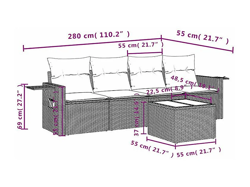 Salon de jardin avec coussins 5 pcs marron résine tressée