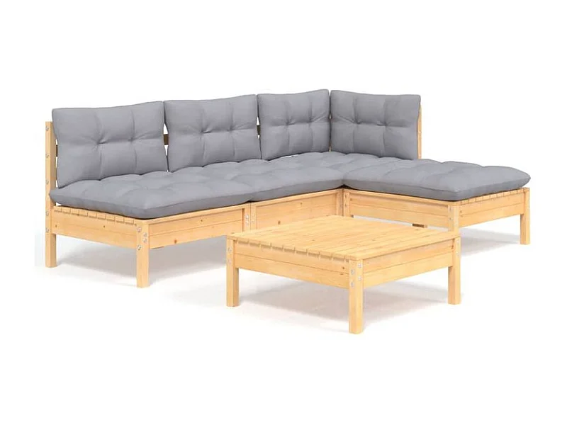 Salon de jardin 5 pcs avec coussins gris bois de pin