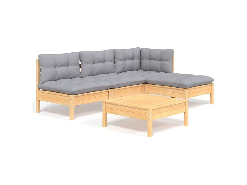 Salon de jardin 5 pcs avec coussins gris bois de pin