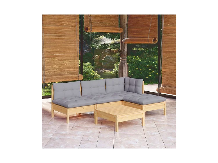 Salon de jardin 5 pcs avec coussins gris bois de pin