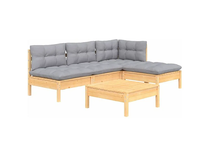 Salon de jardin 5 pcs avec coussins gris bois de pin