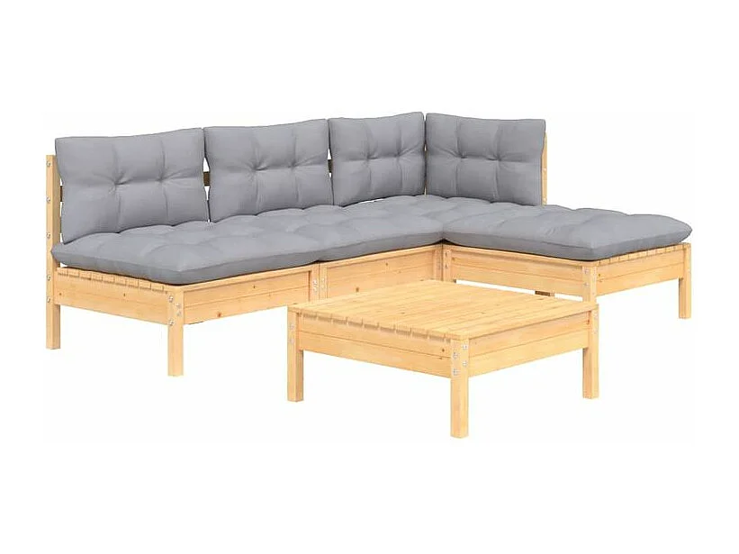 Salon de jardin 5 pcs avec coussins gris bois de pin