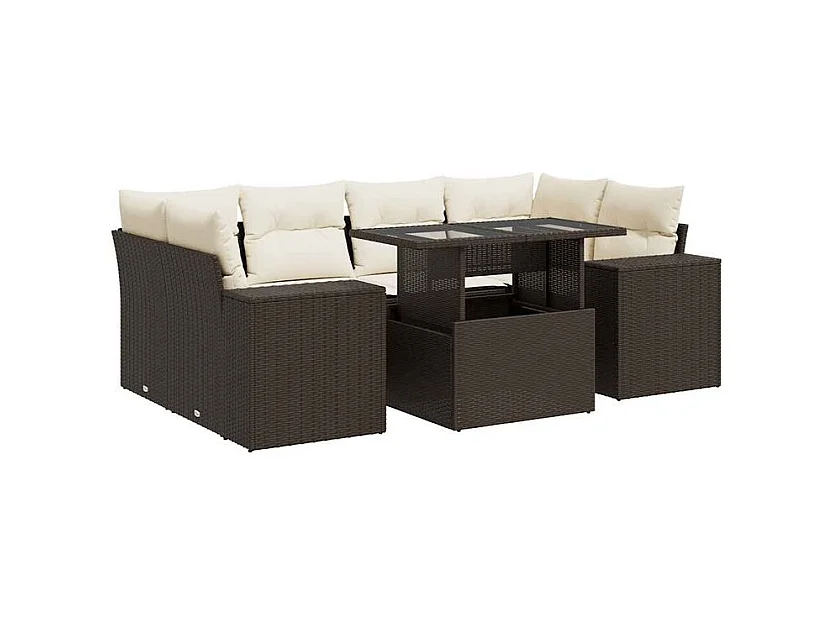 Salon de jardin avec coussins 7 pcs marron résine tressée