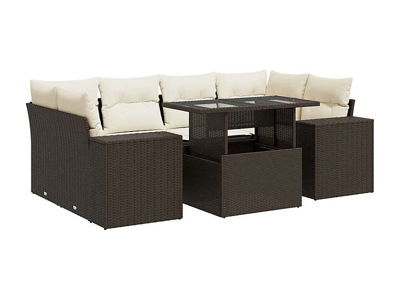 Salon de jardin avec coussins 7 pcs marron résine tressée