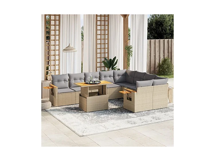 Salon de jardin avec coussins 10 pcs beige résine tressée
