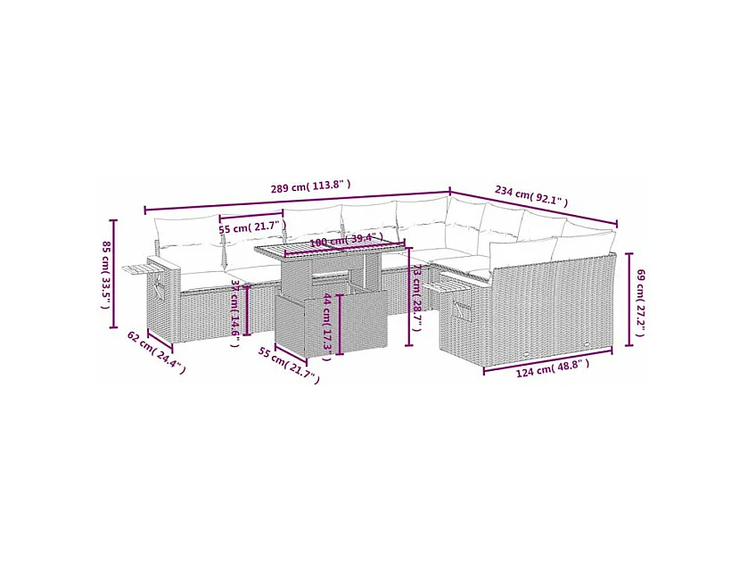 Salon de jardin avec coussins 10 pcs beige résine tressée