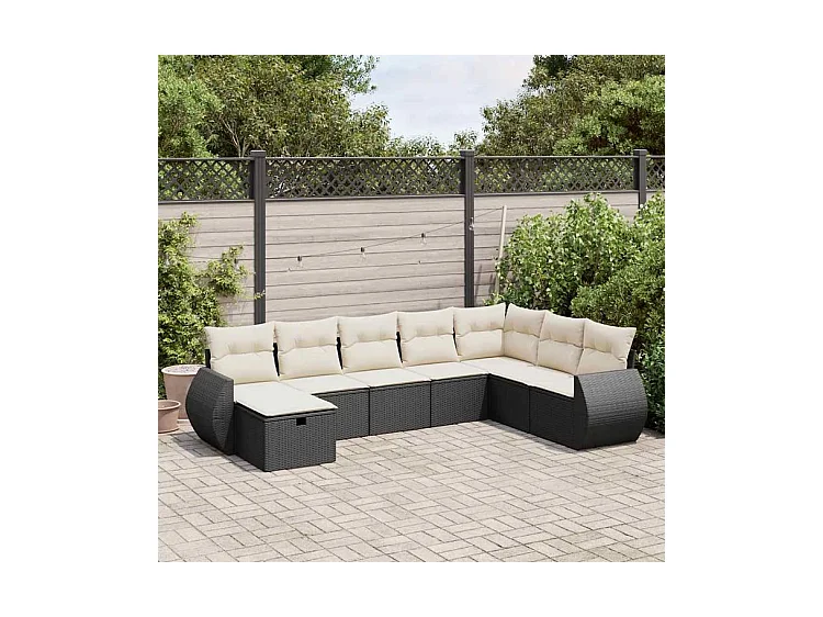 Salon de jardin 8 pcs avec coussins noir résine tressée