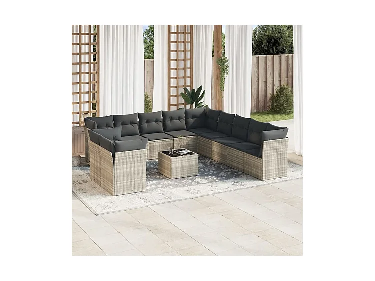 Salon de jardin avec coussins 12 pcs gris clair résine tressée
