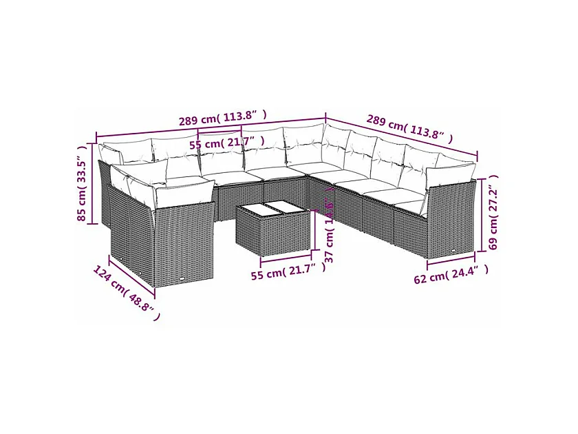 Salon de jardin avec coussins 12 pcs gris clair résine tressée