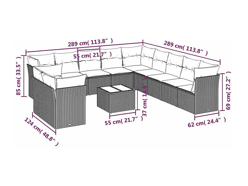 Salon de jardin avec coussins 12 pcs gris clair résine tressée