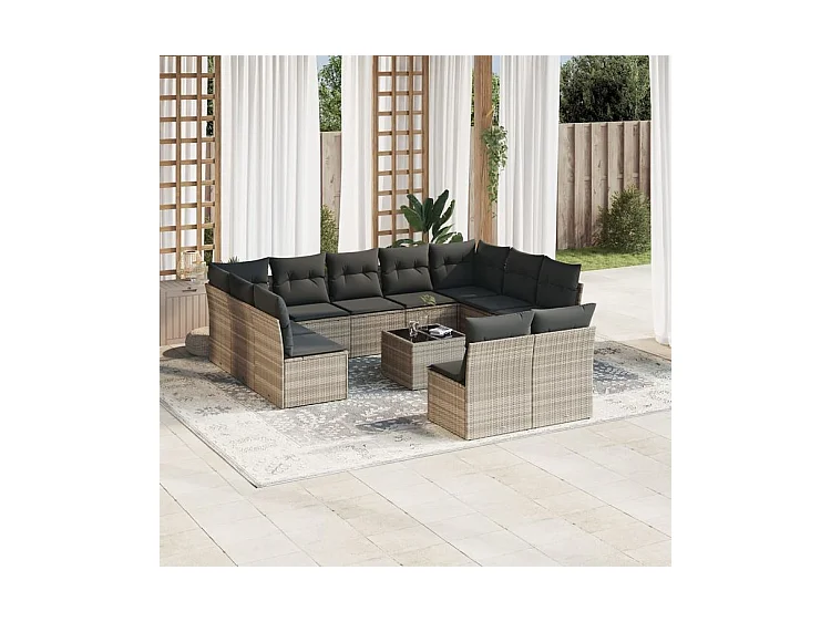 Salon de jardin avec coussins 12 pcs gris clair résine tressée