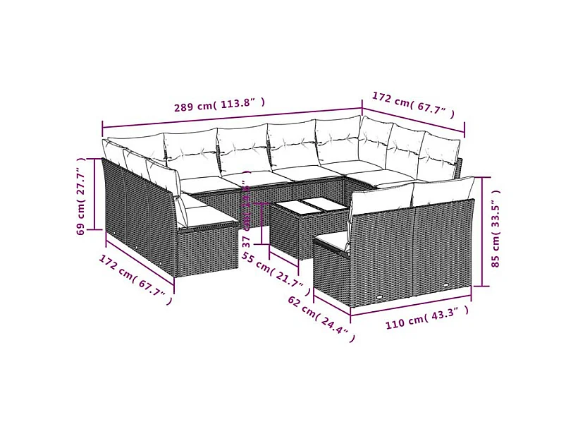 Salon de jardin avec coussins 12 pcs gris clair résine tressée