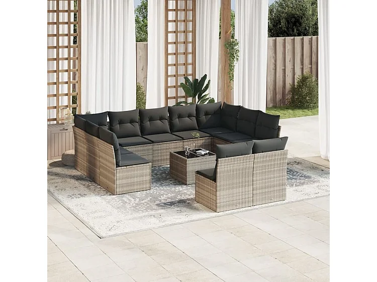 Salon de jardin avec coussins 12 pcs gris clair résine tressée