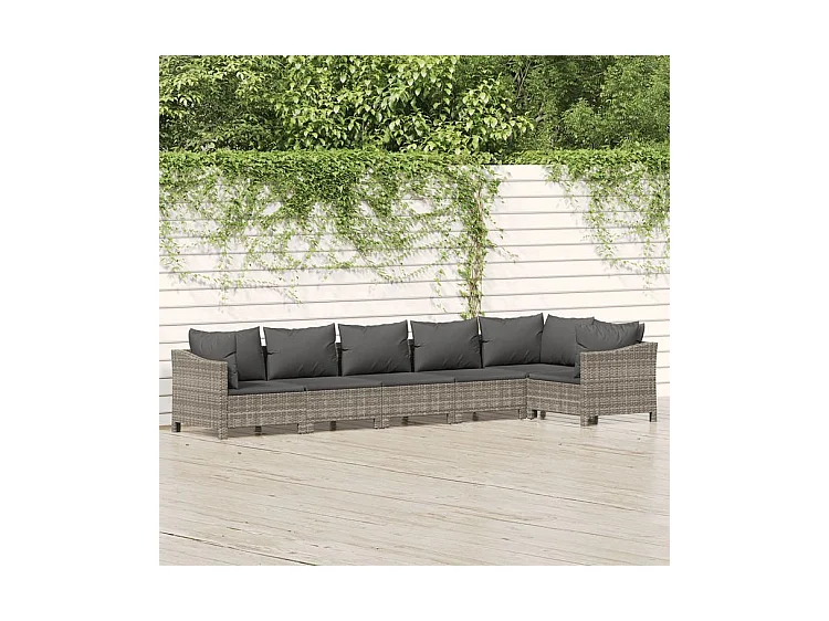 Salon de jardin 6 pcs avec coussins Gris Résine tressée
