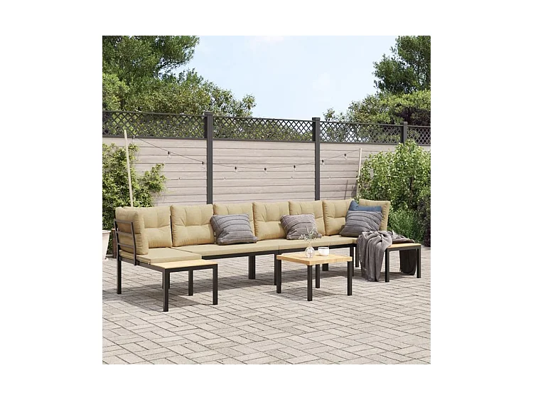 Salon de jardin avec coussins 5 pcs noir acier enduit de poudre