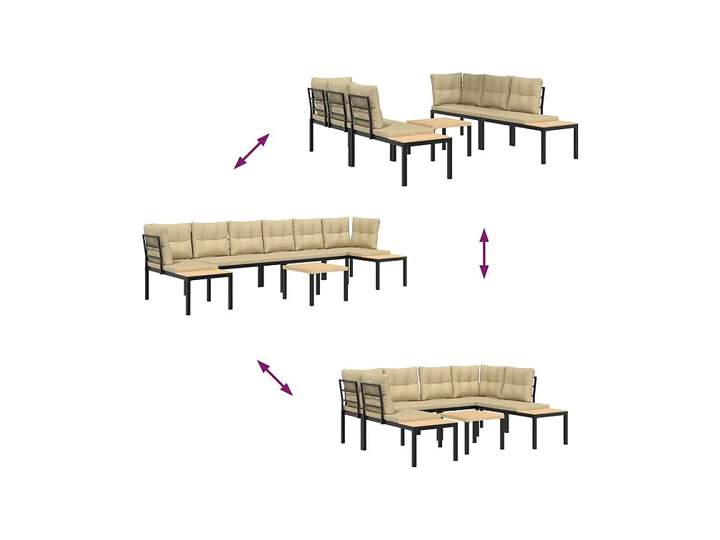 Salon de jardin avec coussins 5 pcs noir acier enduit de poudre