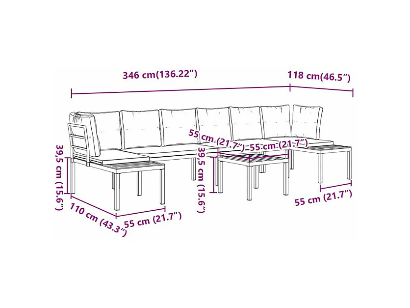 Salon de jardin avec coussins 5 pcs noir acier enduit de poudre