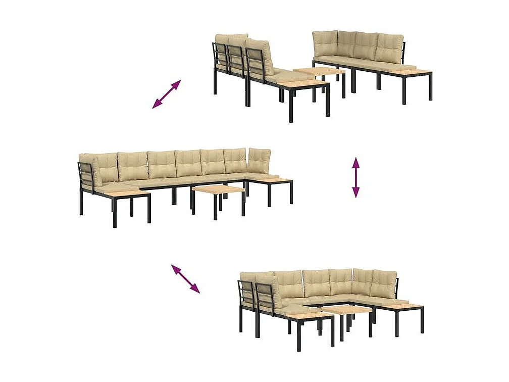 Salon de jardin avec coussins 5 pcs noir acier enduit de poudre