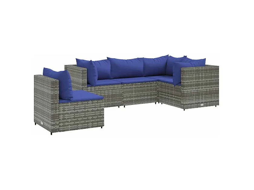 Salon de jardin 5 pcs avec coussins Gris Résine tressée